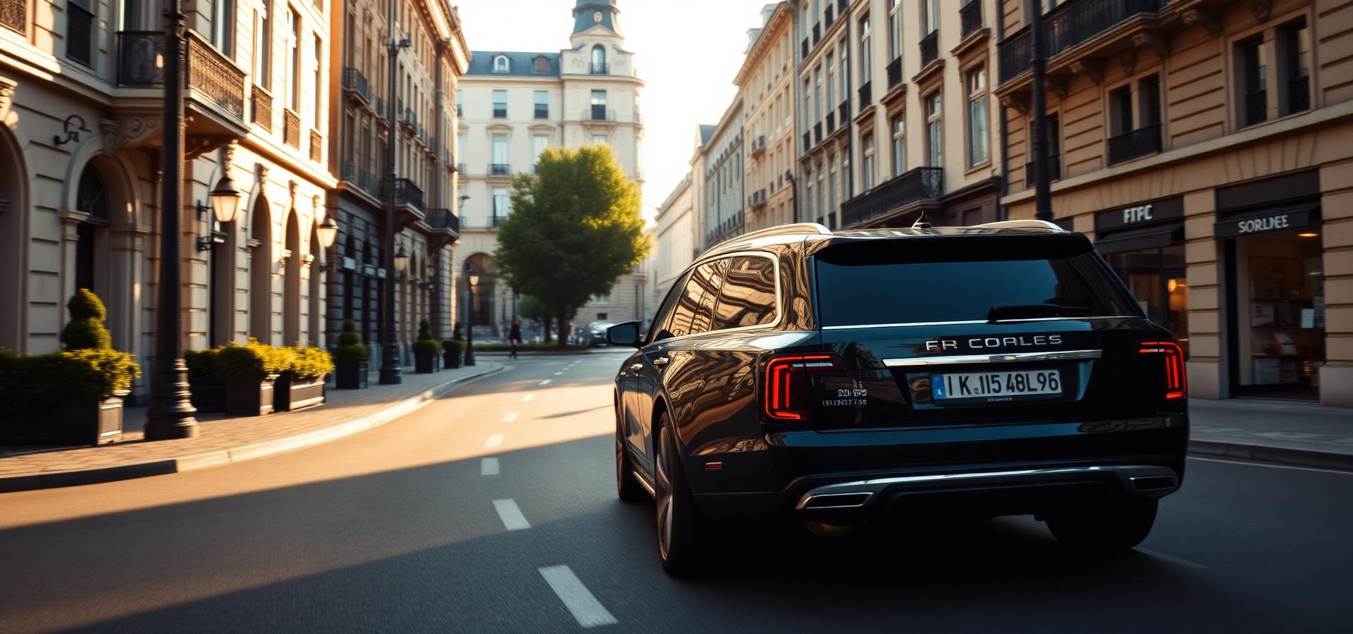 Black luxury SUV driving through a European city street at golden hour