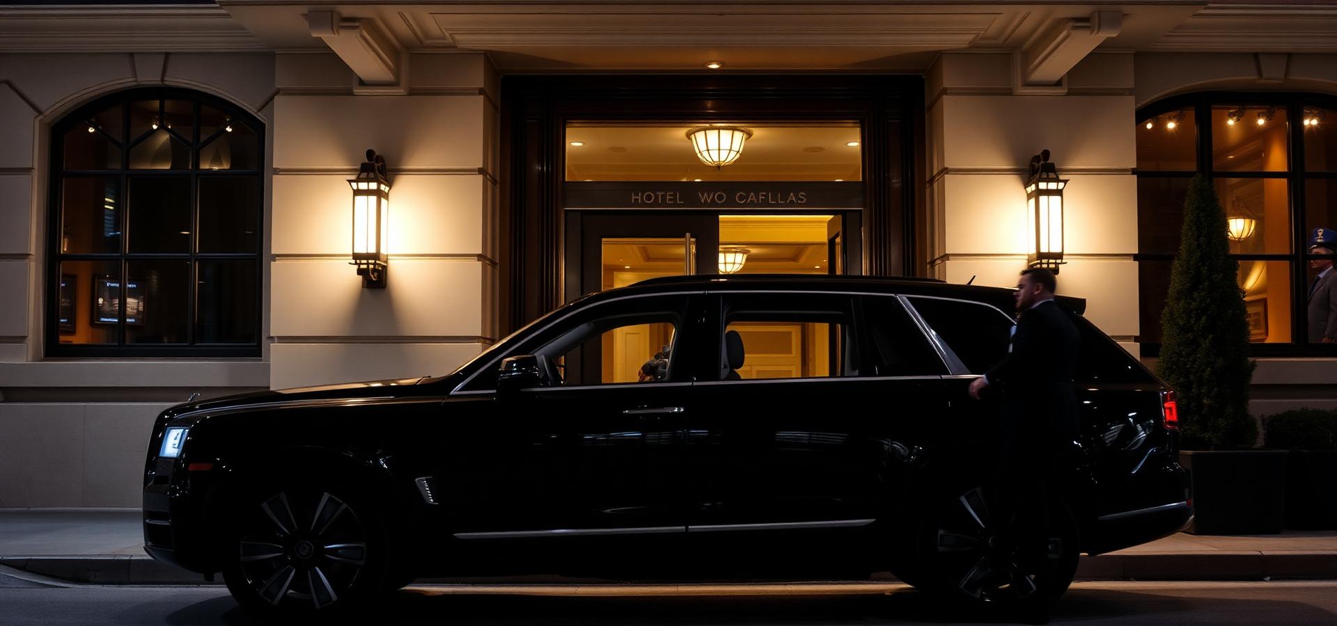 Chauffeur opening the door of a black SUV outside a grand hotel at night