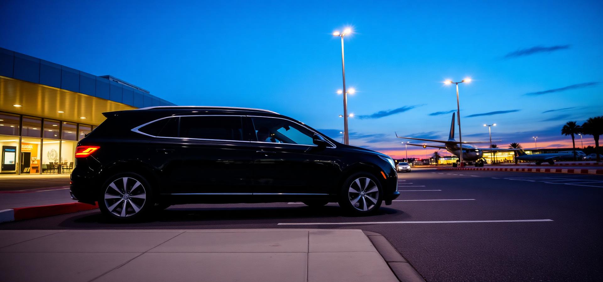 Black chauffeured SUV waiting at an airport terminal at dusk